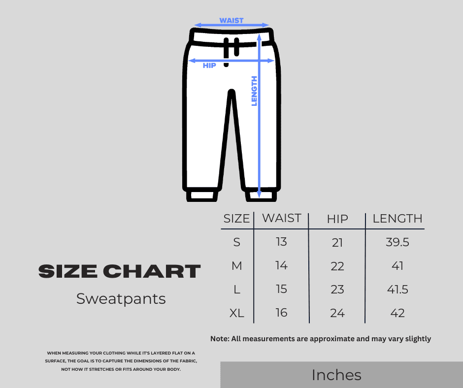 Andante sweatpants size chart with measurements.