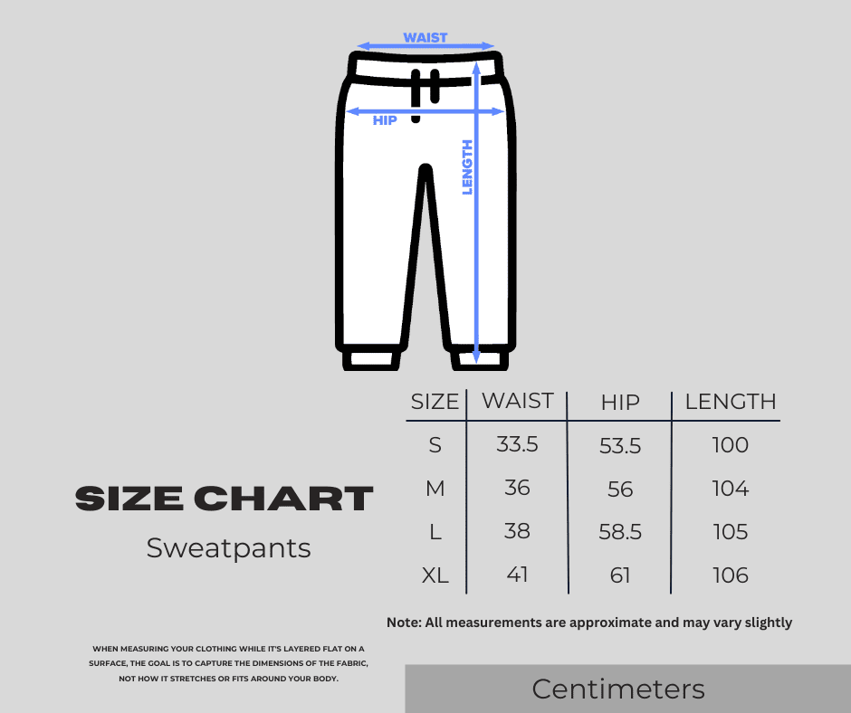 Sweatpants size chart with measurements in centimeters.
